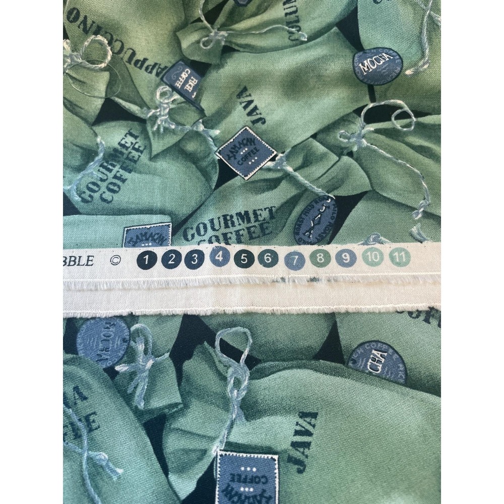 Fabric BTY Coffee‎ Time Rose and Hubble Green Blue Mocha Java